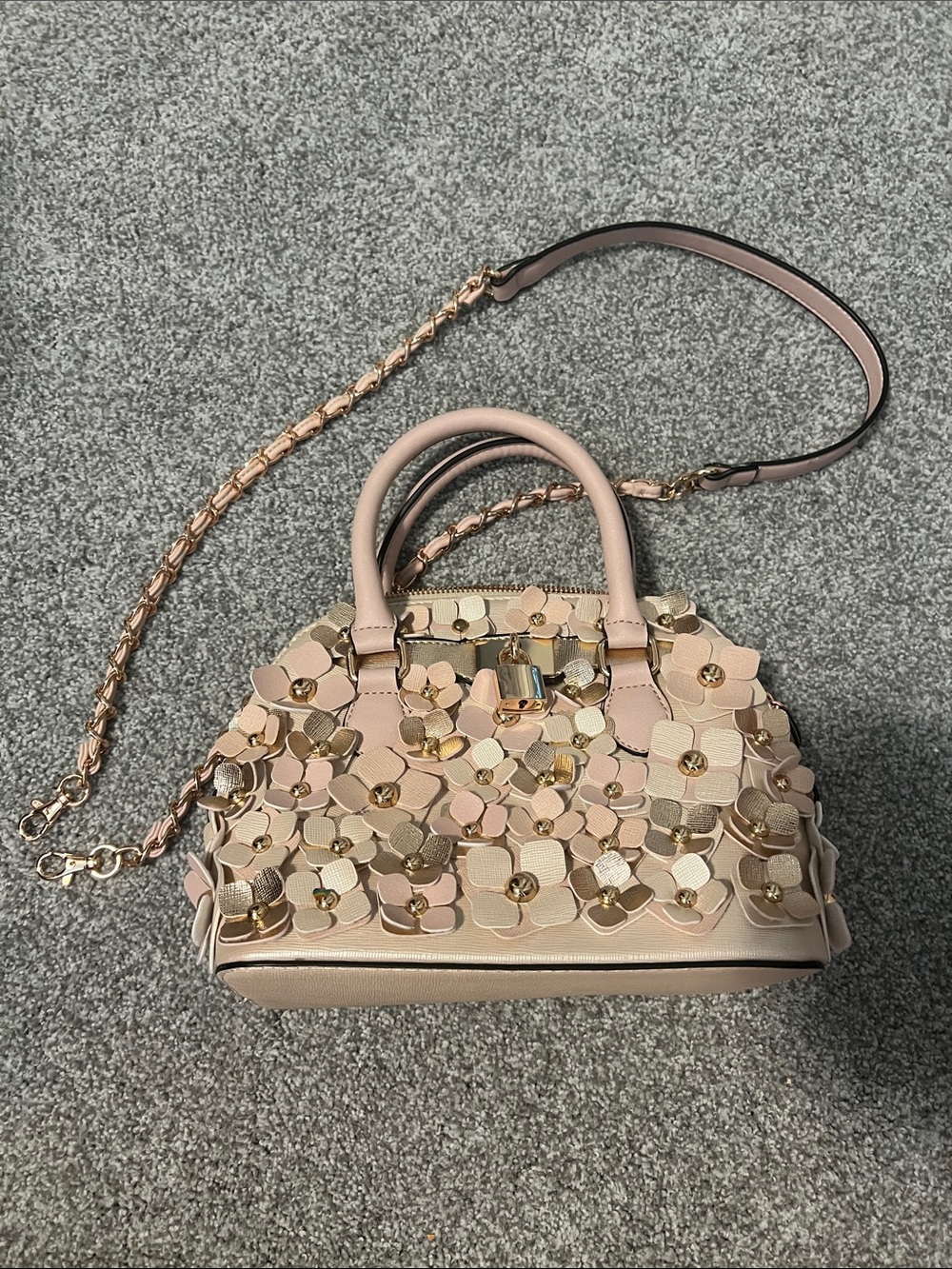 Aldo Blush Pink Floral Applique Satchel with Gold Chain